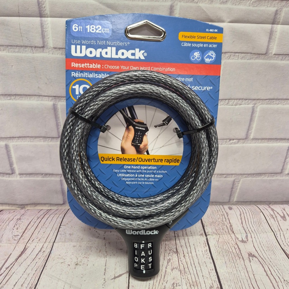 WordLock 6ft 10mm Resettable Word Combination Bike Cable Lock Black CL-662-BK